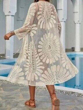 Rebellion Boho Sheer Beige Lace Overlay Kimono Cover Up